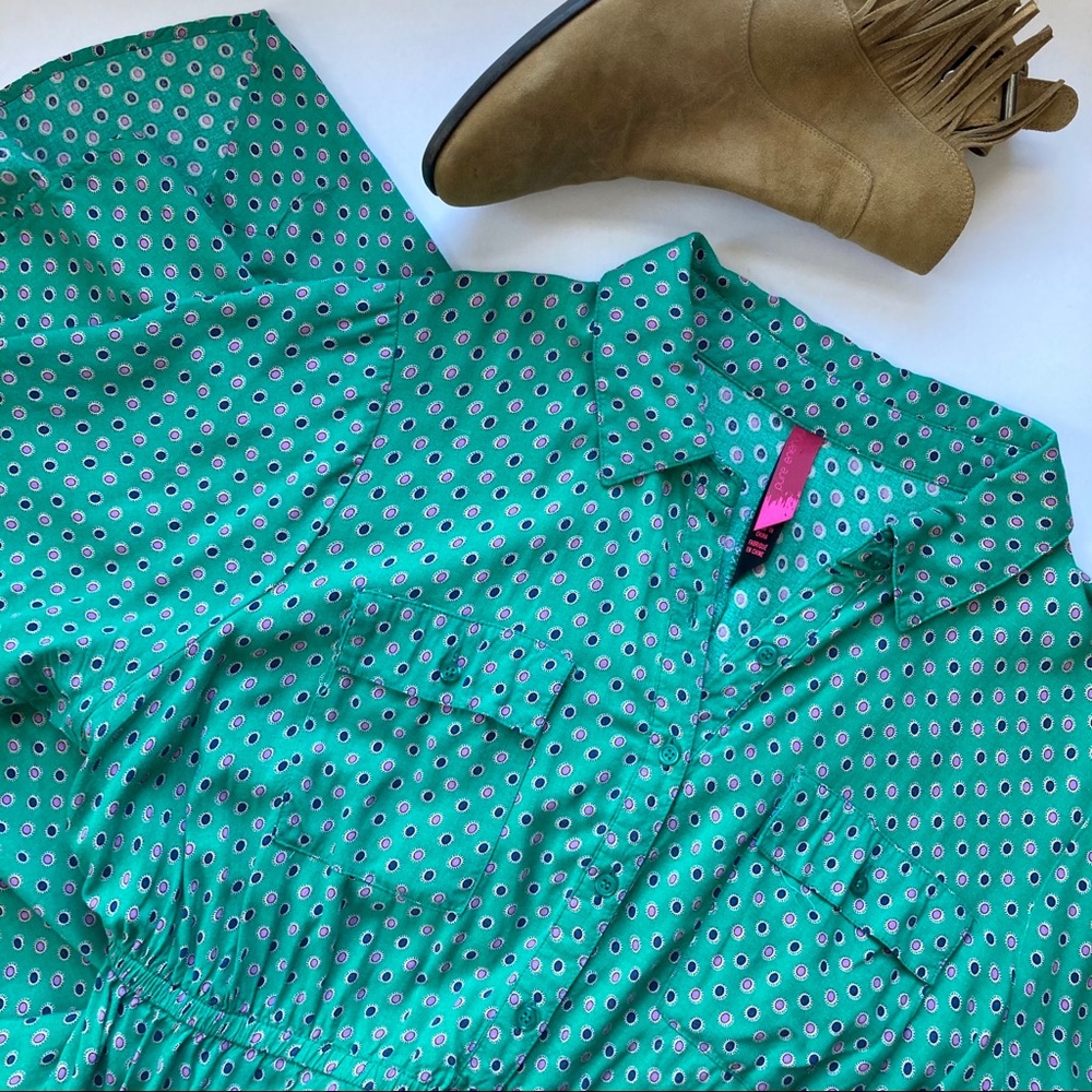 Teal Print Fit and Flare Shirtdress